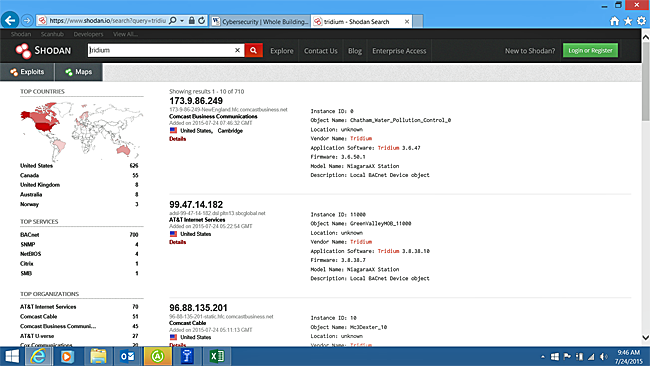 Screenshot of the Shodan program displaying the search results for Tridium products