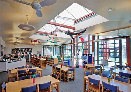Daylighting features, skylights and a wall of windows, in the Coronado Middle School library