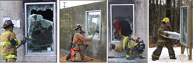 series of photos showing firefighters using various objects, tools and techniques to breach protective glazing systems