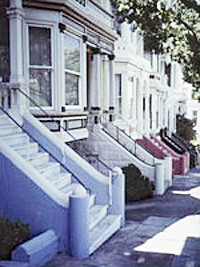 stoops of Victorian row houses in San Francisco