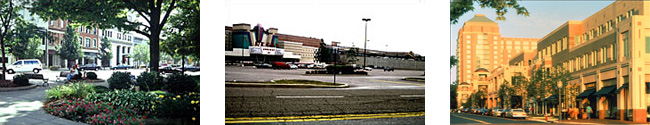 three side by side images of town centers: left is a park-like street setting; center is a strip mall and roadway setting; right is an architecturally detailed building setting with commerce