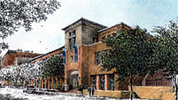Colored sketch of a series of buildings nested together along a street with lots of trees along the sidewalk. The building in the middle has a second level with an opening to let in lots of sun