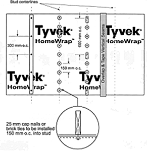 Figure showing the Tyvek HomeWrap material. The 25mm cap nails or brick ties need to be installed 150mm into the stud.