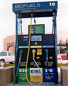 Fuel pump with 20% biodiesel (B20), 85% ethanol, and standard unleaded fuel with 10% ethanol