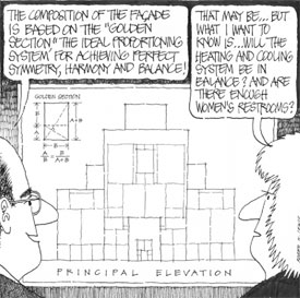 Cartoon illustrating that architects balance ideas, form, and function