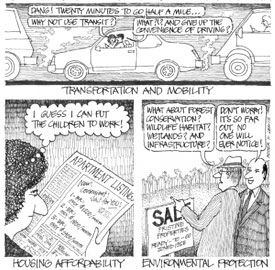 Cartoon depicting Roger K. Lewis' view of emerging issues: transportation and mobility, housing affordablity, and environmental protection