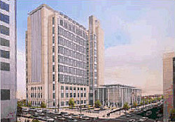 Colored drawing of the Alfred A. Arraj United States Courthouse bulding in Denver, Colorado