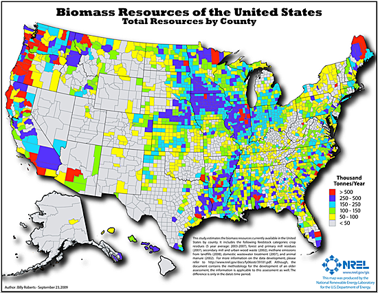 Map of the available biomass resources in the United States. The key is based on thousand tons per year, with a range of less than 50, 60 to 100, 100 to 150, 150 to 250, 250 to 500, and above 500. Some of the highest biomass resources are in Maine, states in the upper Midwest, and parts of Washington, Oregon, and California.