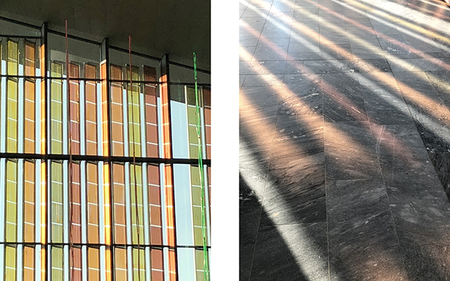 side by side images-left shows interior view of integrated die-sensitized solar cells that appear as translucent vertical ribbons of color with the blue sky in the background and right shows colorful shadows from the translucent vertical ribbons cast on the floor