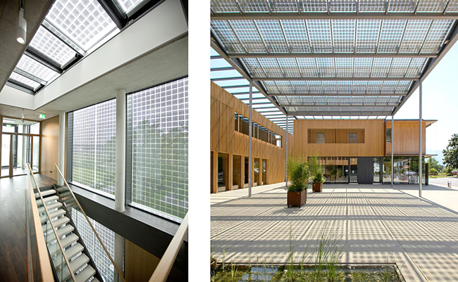 side by side images of using c-Si wafers between glass panels, left, interior with c-Si modules used on the ceiling and as full length windows; right, using c-Si modules as a canopy over a walkway