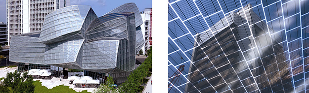 side by side images, left, exterior of the Novartis Campus building southern façade made up of dual glass skylights and window modules with rectangular, imbedded perforated PV cells; right, outward view from the dual glass skylights inside the Novartis Campus building