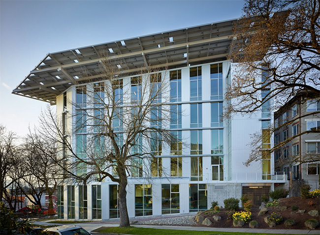 View of the Bullitt Center building envelope and its overhanging photovoltaic array