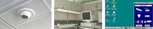 3 side-by-side photos: left-an overhead personal air jet diffuser, center-an office cubicle with task lighting, and right-Desktop computer screen with light and temperature control window open