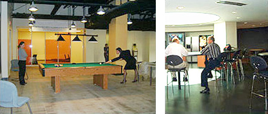 2 side-by-side photos of GSA PBS workplace renovation: left-Two women playing pool, right-Two men sitting at the daylit cafe bar