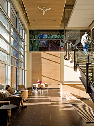 Chemeketa Community College Health Sciences Complex, interior view of two story atrium with catwalk