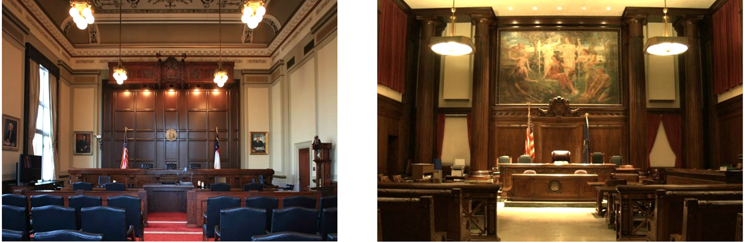 An aesthetically pleasing high ceiling and significant artwork define these two courtrooms
