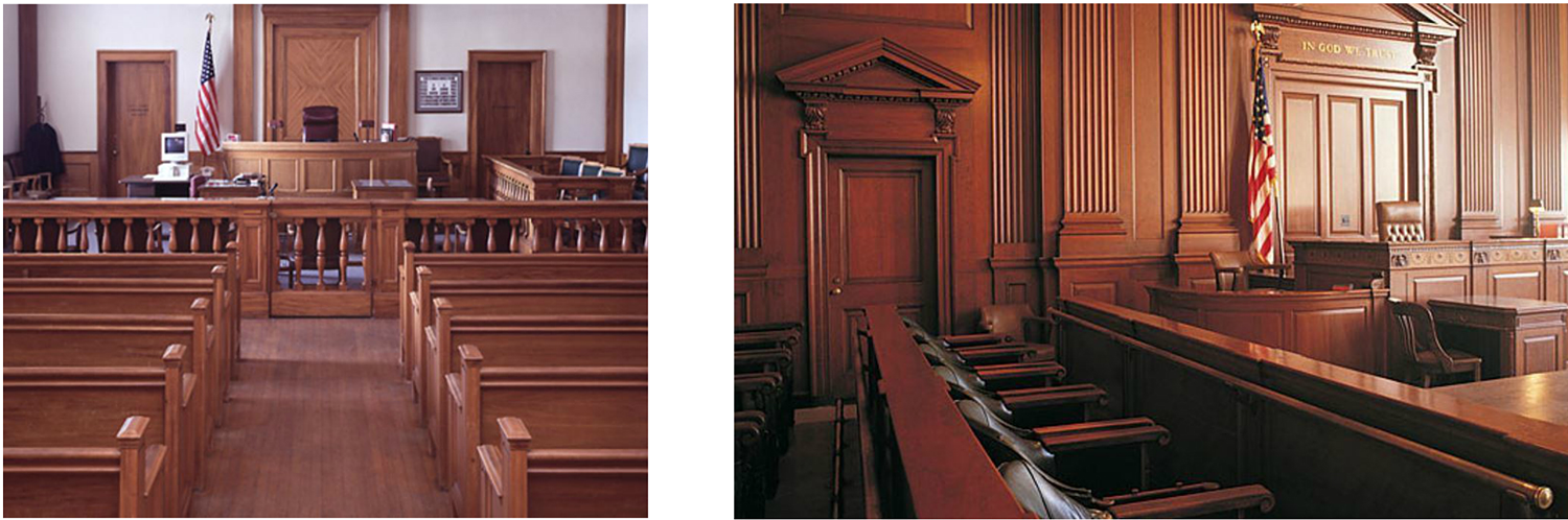 The detailed millwork in two different courtrooms
