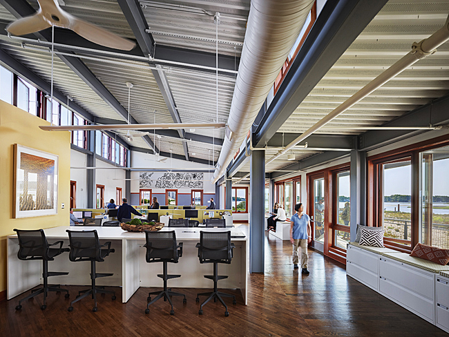View of the open office areas showing clerestory windows in the Brock Environmental Center