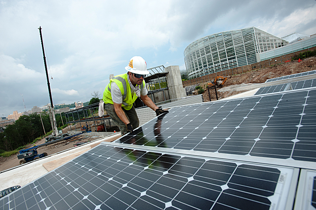 Installing a photovoltaic array at the Center for Sustainable Landscapes, Pittsburgh, PA