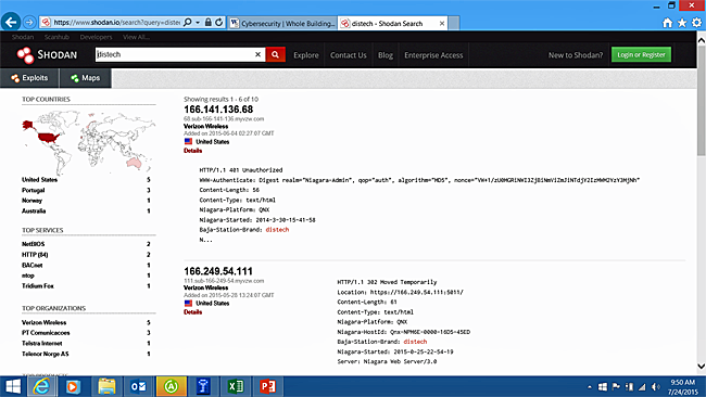 Screenshot of the Shodan program displaying search results for Distech products