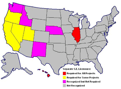 Map of the United States showing separate structural engineering licensure