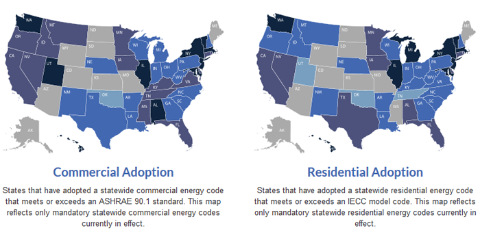 Left: US map of states that have adopted a statewide commercial energy code that meets or exceeds an ASHRAE 90.1 standard; Right: US map of states that have adopted a statewide residential energy code that meets or exceeds an IECC model code.