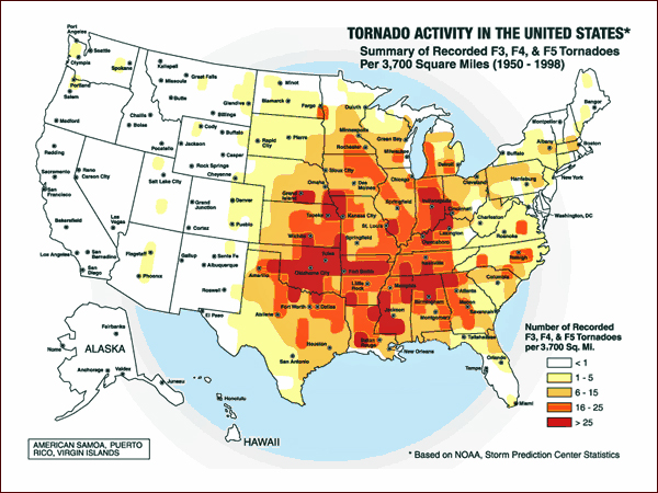 Map of the U.S. showing number of recorded F3, F4, and F5 Tornadoes