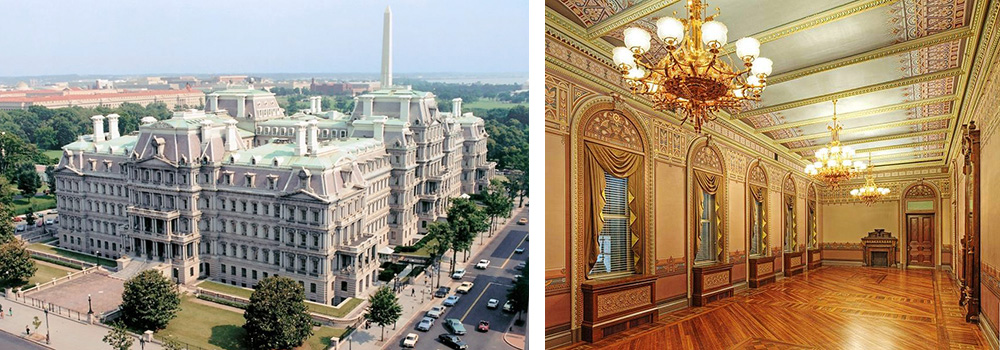 Side by side images: left-Exterior aerial view of the Dwight D. Eisenhower Executive Office Building; and right-Interior room Dwight D. Eisenhower Executive Office Building with hardwood floors, decorative moldings, arched windows with window coverings, chandeliers, and decorative celiing