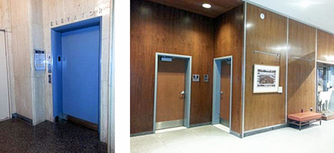 State Museum of Pennsylvania, historic signage over elevator and modern signage for floor directory for visitors
