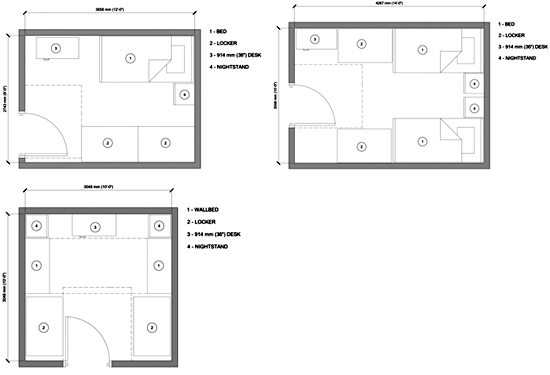 Three sample dorm room layouts for a fire station