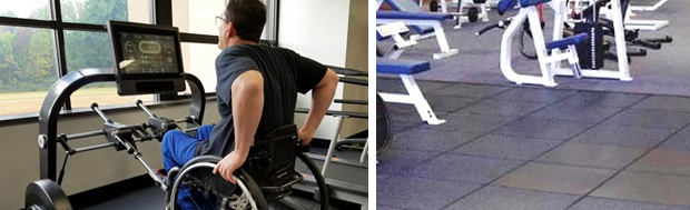 two side by side images, on left, person in wheelchair using a paramill at the gym, and on right, gym featuring ADA compliant rubber tile flooring