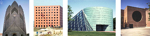 4 images left to right: 1-Grundtvig's Church in Copenhagen Denmark, 2-a building with a cubic shape, 3-a building with cylindrical and pyramidal shapes, and 4-a building with a circle subtracted from cubic volume