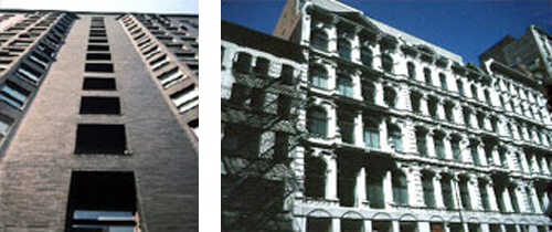 2 images left to right: 1-looking up at a tall brick building and 2-a large multi story white building with rows of windows