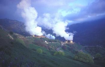 Photo of The Geysers, a geothermal power plant nestled in the hills near Santa Rosa in northern California.