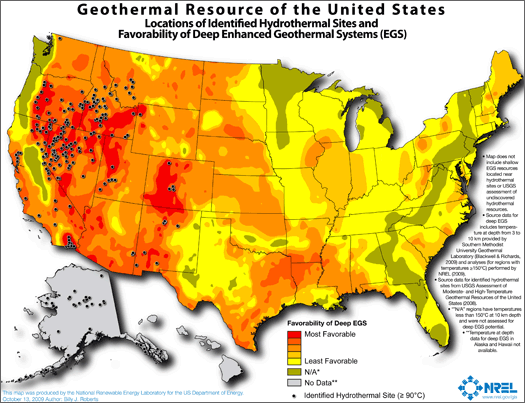 Map of geothermal resource locations in the United States.