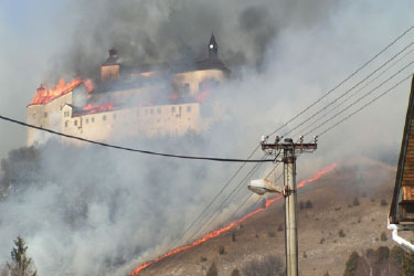 Photo of Krasna Horka Castle burning.