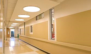 Corridor featuring circular ceiling lights, interior glass views into labs, and coordinating colors and patterns