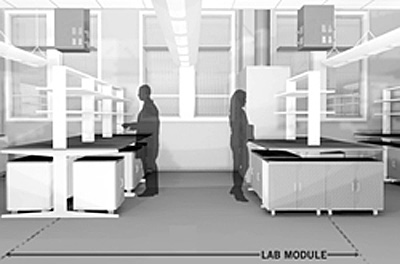 The typical lab module is shown here three dimensionally with casework and circulation in the an actual lab