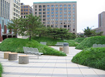 Plaza area of the Federal Courthouse, Minneapolis, MN featuring green turf berms and bollard-type seating elements