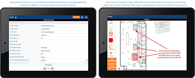 Two screens showing a sample assessment form and its associated redlined floor plan