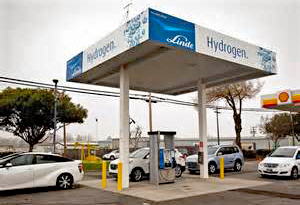 A hydrogen refueling station that resembles a traditional gas pump station with a line of cars