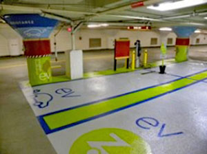 Interior of the Boston Common Garage Authority EV charging stations and zipcar sharing spaces