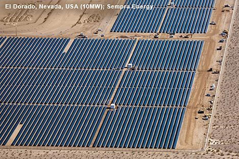 Aerial photo of multiple rows of thin-film solar panels in a field in Nevada