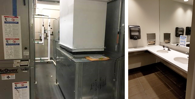 two side by side images, left is a building's equipment room and right is an office bathroom vanity