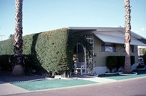 Photo of a one-story house surrounded by foliage for shade.