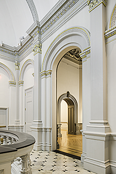 Renwick Gallery, Smithsonian American Art Museum's Grand Stair Hall to Octagon Room after renovation, showing updated lighter palette and gilding