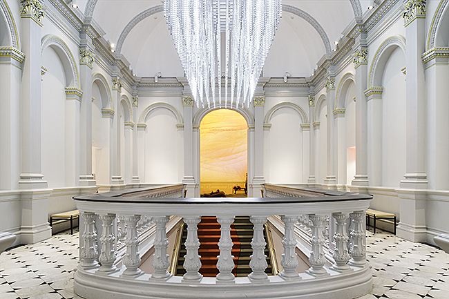 Grand Stair Hall on the second floor of the Renwick Gallery features the light sculpture by Leo Villareal titled Volume featuring thousands of LEDs programmed to dim in an infinitely dynamic pattern