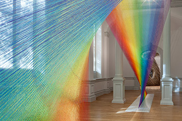 The art installation Plexus A1, by Gabriel Dawe, 2015, uses colored thread to simulate rays of light. Part of Wonder Exhibit Installations at the Renwick Gallery