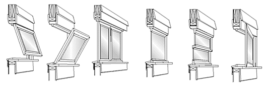 Example drawings of window types: awning, hopper, sliding, fixed, double hung, and casement