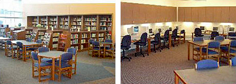 Side-by-side photos of the Robert J. Elkington Middle School Library, Grand Rapids, MN, right: Library shelves and work tables; left: Computer stations